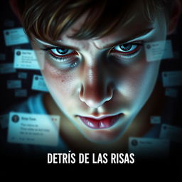 An impactful movie poster for the film titled "DETRÁS DE LAS RISAS" which addresses the serious issue of cyberbullying