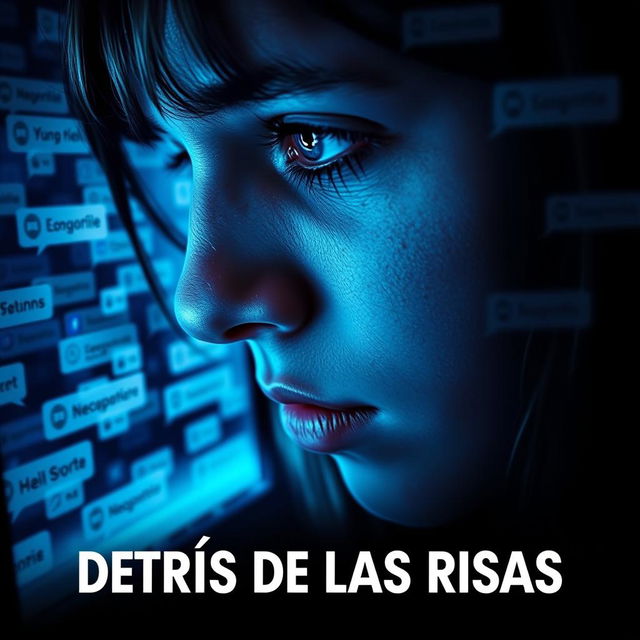 An impactful movie poster for the film titled "DETRÁS DE LAS RISAS" which addresses the serious issue of cyberbullying