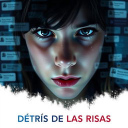 An impactful movie poster for the film titled "DETRÁS DE LAS RISAS" which addresses the serious issue of cyberbullying