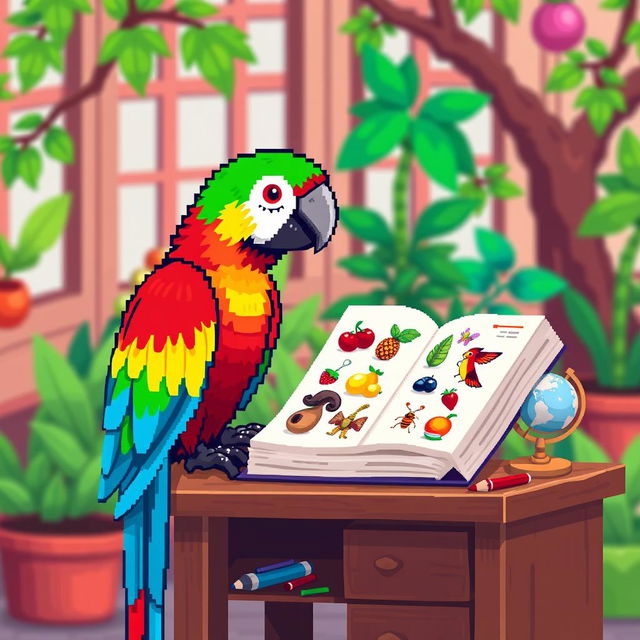 A pixel art depiction of a colorful parrot sitting on a small wooden desk, studying an open book filled with pixelated illustrations of fruits and insects