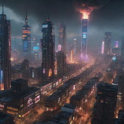 The epicenter of a massive cyberpunk war engulfing a sprawling metro city; a colossal explosion disrupts the neon-lit urban jungle, while advanced armies unleash havoc