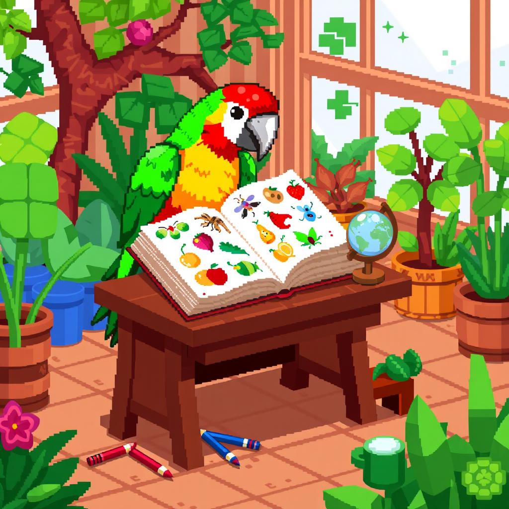 A pixel art depiction of a colorful parrot sitting on a small wooden desk, studying an open book filled with pixelated illustrations of fruits and insects