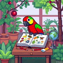 A pixel art depiction of a colorful parrot sitting on a small wooden desk, studying an open book filled with pixelated illustrations of fruits and insects