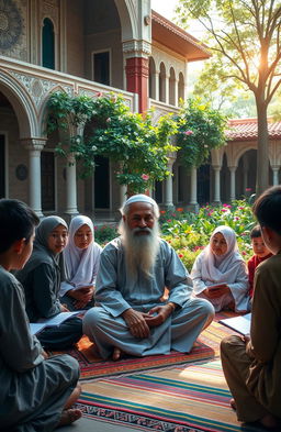 A tranquil and serene scene depicting a spiritual leader in a pesantren (Islamic boarding school) setting