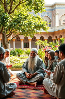 A tranquil and serene scene depicting a spiritual leader in a pesantren (Islamic boarding school) setting