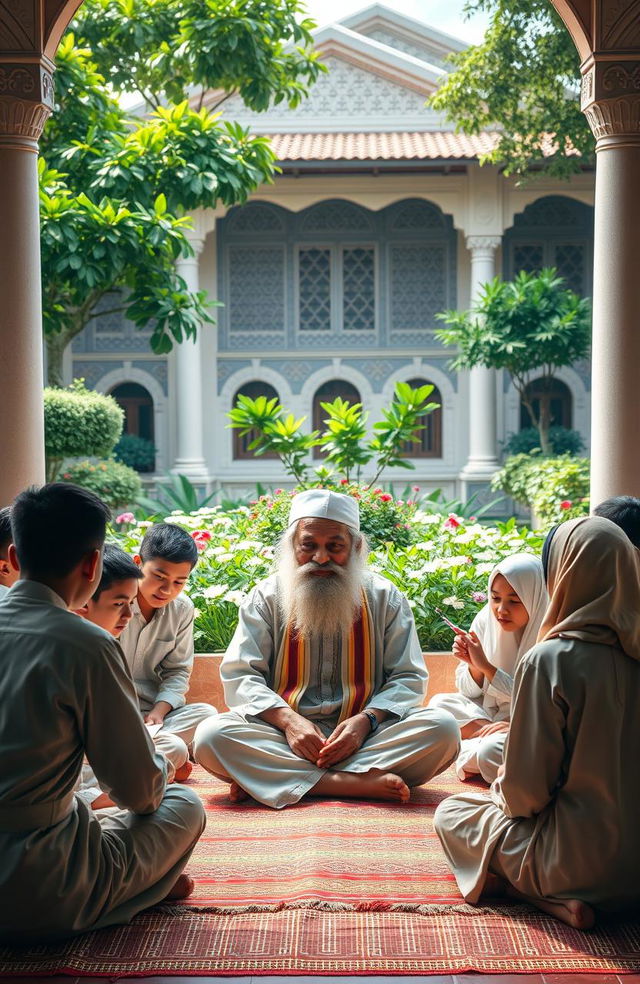 A tranquil and serene scene depicting a spiritual leader in a pesantren (Islamic boarding school) setting