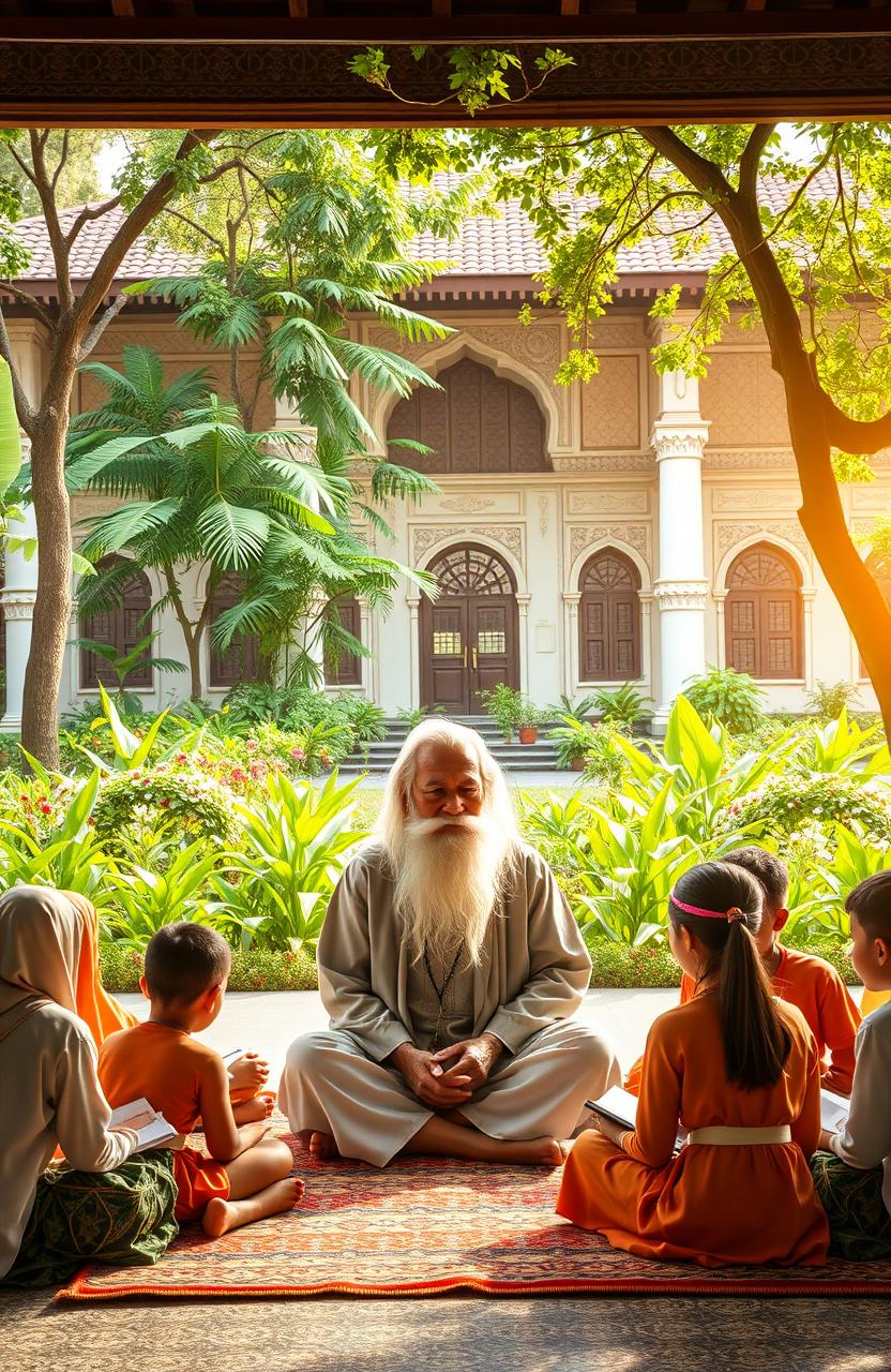 A tranquil and serene scene depicting a spiritual leader in a pesantren (Islamic boarding school) setting