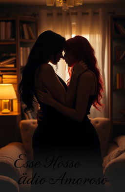 A romantic scene between two women, one with dark hair and the other with bright red hair, who embody a passionate yet tumultuous relationship