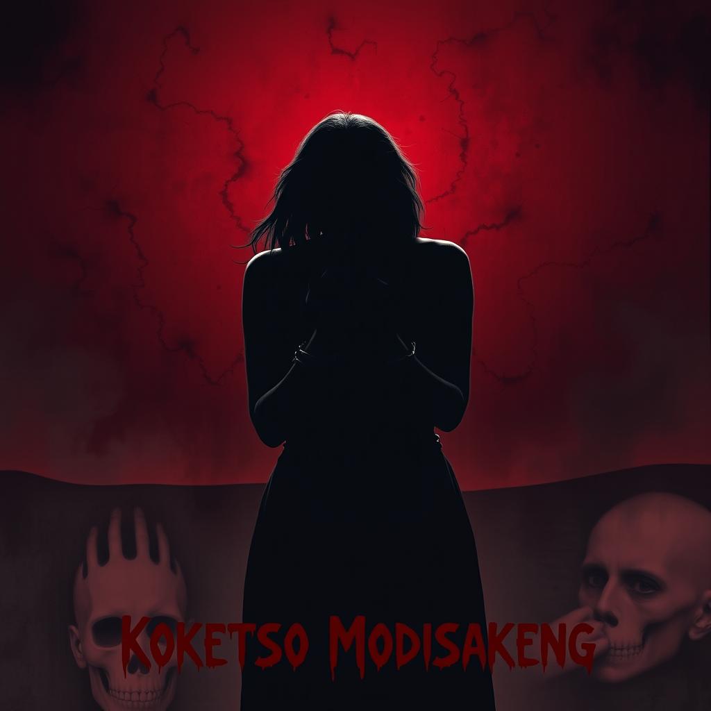 A dramatic and powerful image featuring the silhouette of a chained woman, her hands bound, conveying a sense of struggle and strength against a stark and haunting background