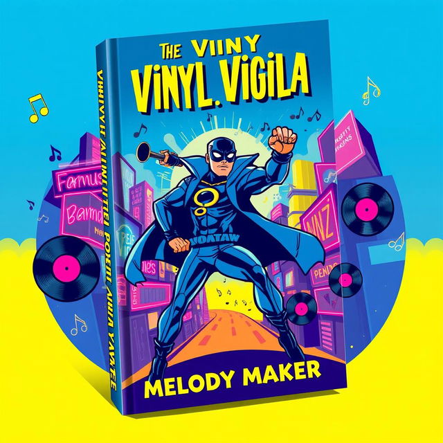 A dynamic and vibrant book cover design for 'The Vinyl Vigilante' by Melody Maker