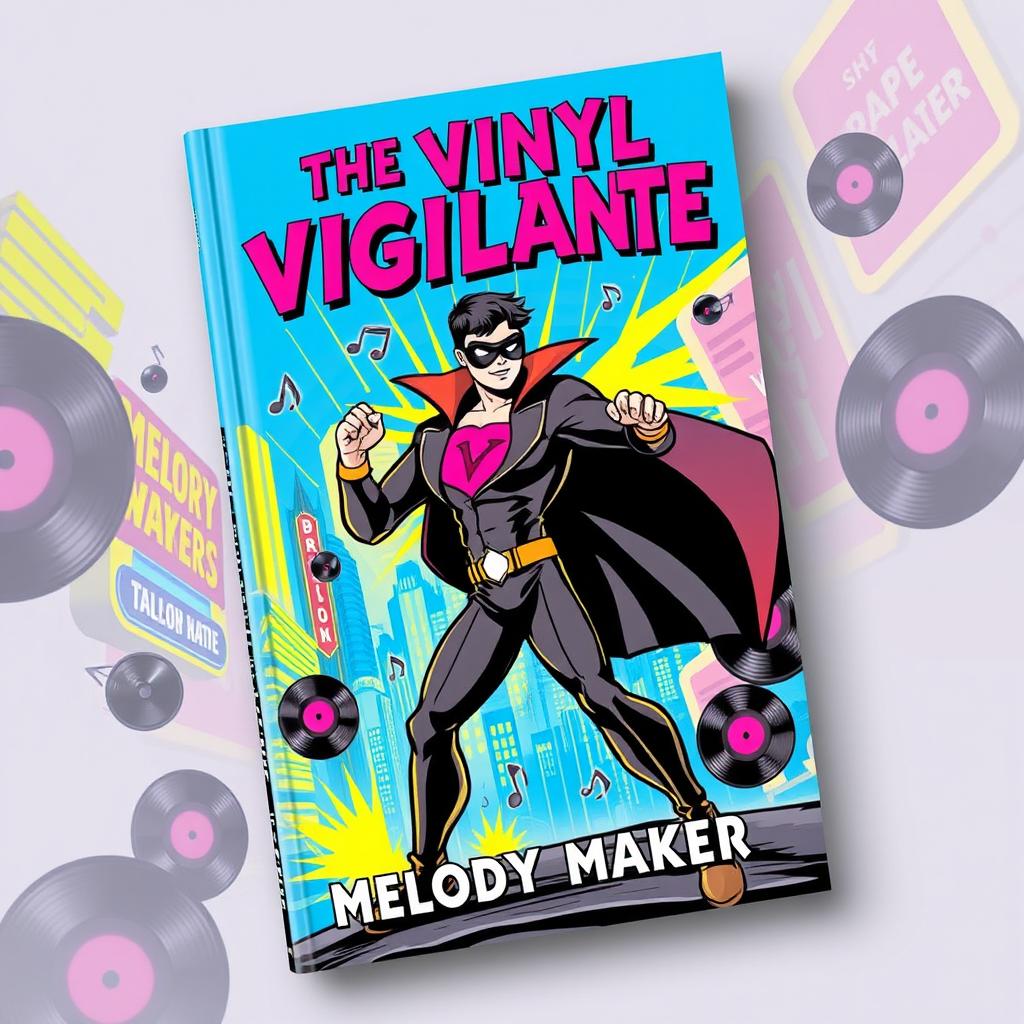 A dynamic and vibrant book cover design for 'The Vinyl Vigilante' by Melody Maker