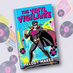 A dynamic and vibrant book cover design for 'The Vinyl Vigilante' by Melody Maker