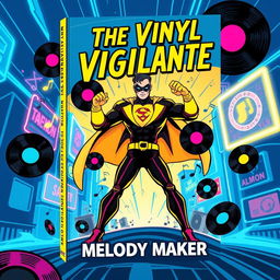 A dynamic and vibrant book cover design for 'The Vinyl Vigilante' by Melody Maker