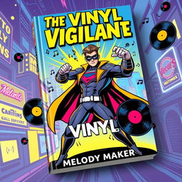 A dynamic and vibrant book cover design for 'The Vinyl Vigilante' by Melody Maker