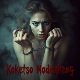 A surreal image featuring a woman with her hands chained, looking distressed, set against a misty background