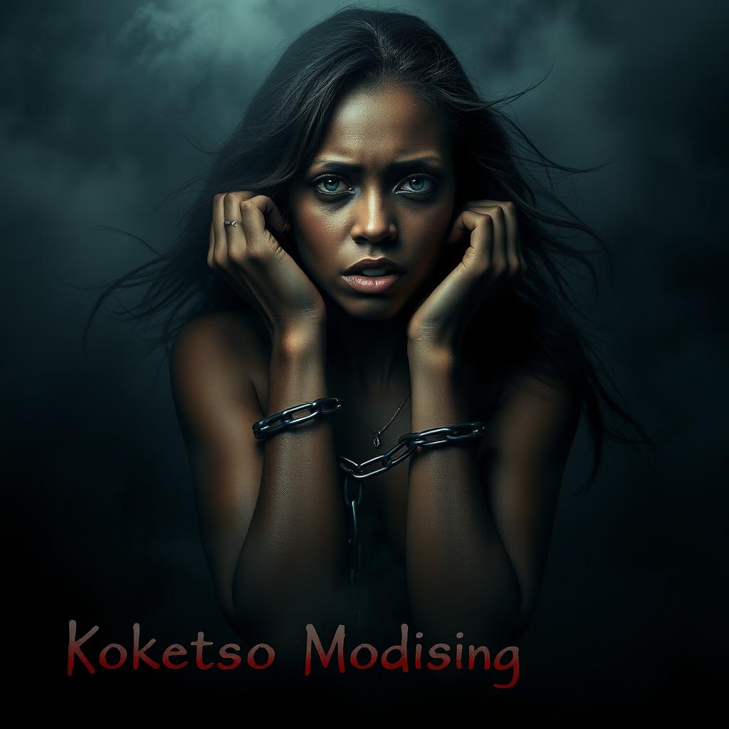 A surreal image featuring a woman with her hands chained, looking distressed, set against a misty background