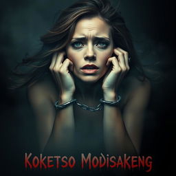 A surreal image featuring a woman with her hands chained, looking distressed, set against a misty background
