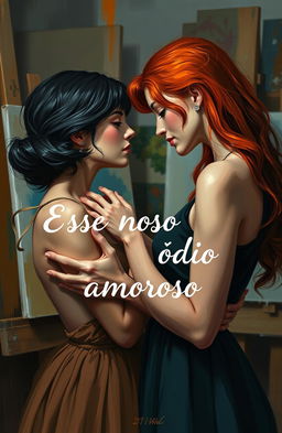 A romantic scene depicting a sapphic relationship between two female artists, one with dark hair and the other with red hair, engaged in an intimate interaction