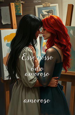 A romantic scene depicting a sapphic relationship between two female artists, one with dark hair and the other with red hair, engaged in an intimate interaction
