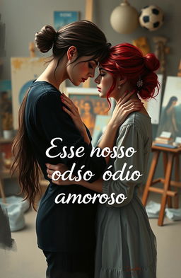 A romantic scene depicting a sapphic relationship between two female artists, one with dark hair and the other with red hair, engaged in an intimate interaction