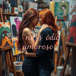 A romantic scene depicting a sapphic relationship between two artists: a beautiful brunette and a stunning redhead, engaged in an intimate moment