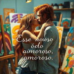 A romantic scene depicting a sapphic relationship between two artists: a beautiful brunette and a stunning redhead, engaged in an intimate moment