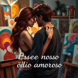 A romantic scene depicting a sapphic relationship between two artists: a beautiful brunette and a stunning redhead, engaged in an intimate moment