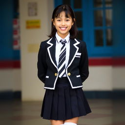 A schoolgirl in a perfectly fitted school uniform, showcasing a black pleated skirt, crisp white blouse fully buttoned up with a perfectly fitted collar, and a distinctive black and white tie