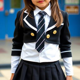 A schoolgirl in a perfectly fitted school uniform, showcasing a black pleated skirt, crisp white blouse fully buttoned up with a perfectly fitted collar, and a distinctive black and white tie
