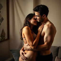 A seductive and intimate scene between two adults in a softly lit room, showcasing passion and connection