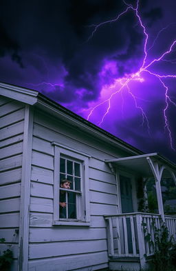 A rustic white house with a boy looking out of a window, surrounded by a dramatic sky filled with purple lightning