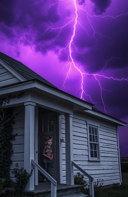A rustic white house with a boy looking out of a window, surrounded by a dramatic sky filled with purple lightning