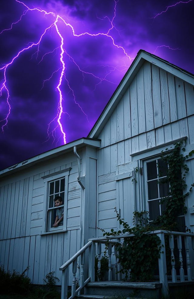 A rustic white house with a boy looking out of a window, surrounded by a dramatic sky filled with purple lightning