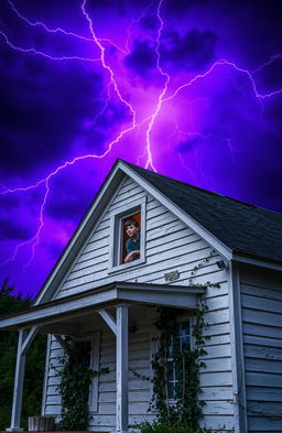 A rustic white house with a boy looking out of a window, surrounded by a dramatic sky filled with purple lightning