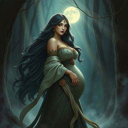 A captivating depiction of Wewe Gombel, a mythical figure from Central Asia, characterized as a beautiful and alluring woman with a voluptuous figure