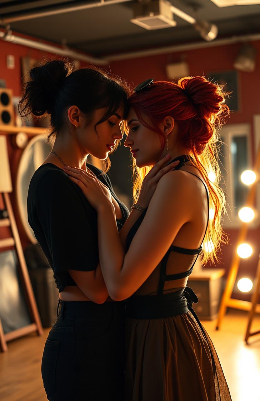 A romantic scene showcasing a love story between a striking brunette girl and a captivating redhead, both studying performing arts