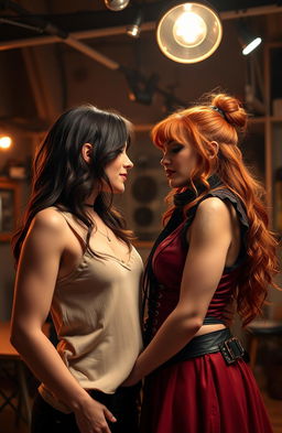 A romantic scene showcasing a love story between a striking brunette girl and a captivating redhead, both studying performing arts