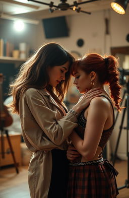 A romantic scene showcasing a love story between a striking brunette girl and a captivating redhead, both studying performing arts
