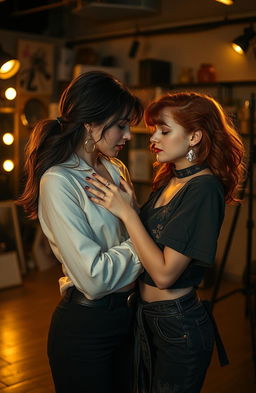 A romantic scene showcasing a love story between a striking brunette girl and a captivating redhead, both studying performing arts