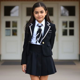 A schoolgirl in a very fitted school uniform, featuring a black pleated skirt, a crisp white blouse with all buttons closed, and a perfectly fitted collar with a stylish black and white tie