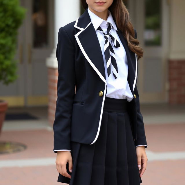 A schoolgirl in a very fitted school uniform, featuring a black pleated skirt, a crisp white blouse with all buttons closed, and a perfectly fitted collar with a stylish black and white tie