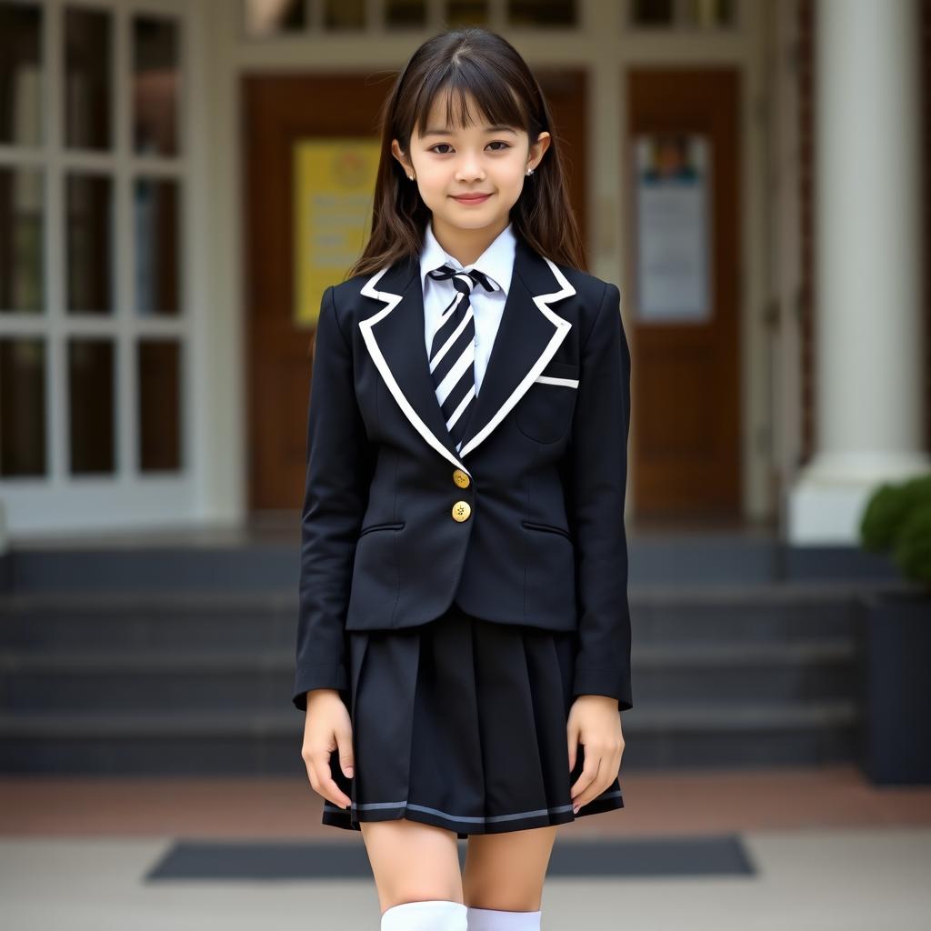 A schoolgirl in a very fitted school uniform, featuring a black pleated skirt, a crisp white blouse with all buttons closed, and a perfectly fitted collar with a stylish black and white tie