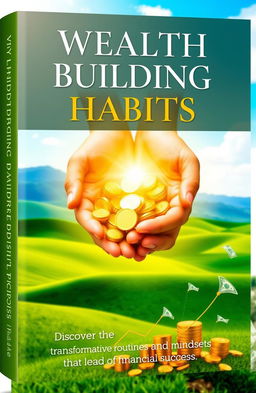 A visually engaging book cover for 'Wealth Building Habits', featuring golden coins being nurtured by hands in a warm sunlight