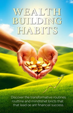 A visually engaging book cover for 'Wealth Building Habits', featuring golden coins being nurtured by hands in a warm sunlight