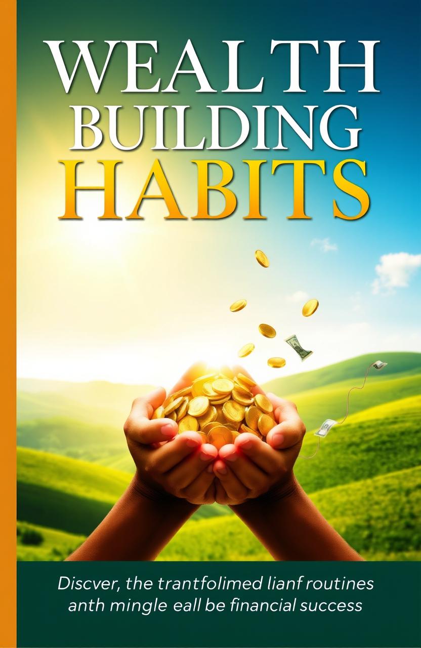 A visually engaging book cover for 'Wealth Building Habits', featuring golden coins being nurtured by hands in a warm sunlight