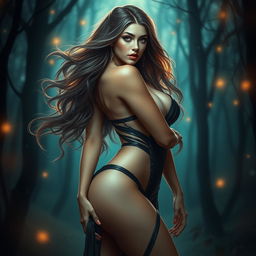 A captivating portrayal of Wewe Gombel, the alluring mythical figure from Central Asia, depicted as a stunningly beautiful woman with a voluptuous figure that exudes seduction