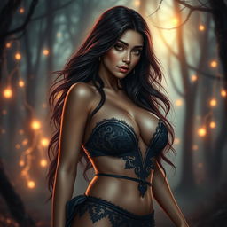 A captivating portrayal of Wewe Gombel, the alluring mythical figure from Central Asia, depicted as a stunningly beautiful woman with a voluptuous figure that exudes seduction