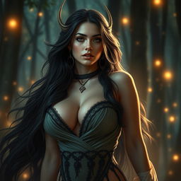 A captivating portrayal of Wewe Gombel, the alluring mythical figure from Central Asia, depicted as a stunningly beautiful woman with a voluptuous figure that exudes seduction