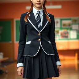 An ultra-realistic portrait of a schoolgirl in a perfectly fitted school uniform, featuring a black pleated skirt, a crisp white blouse fully buttoned with a perfectly fitting collar, and a stylish black and white tie