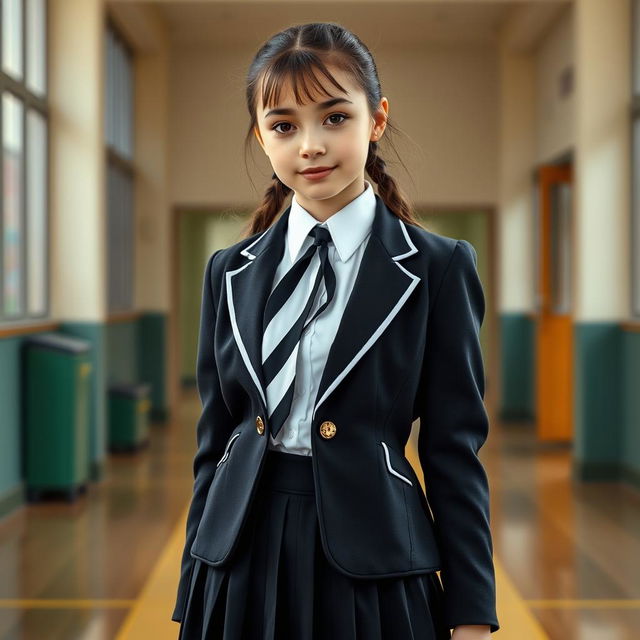 An ultra-realistic portrait of a schoolgirl in a perfectly fitted school uniform, featuring a black pleated skirt, a crisp white blouse fully buttoned with a perfectly fitting collar, and a stylish black and white tie